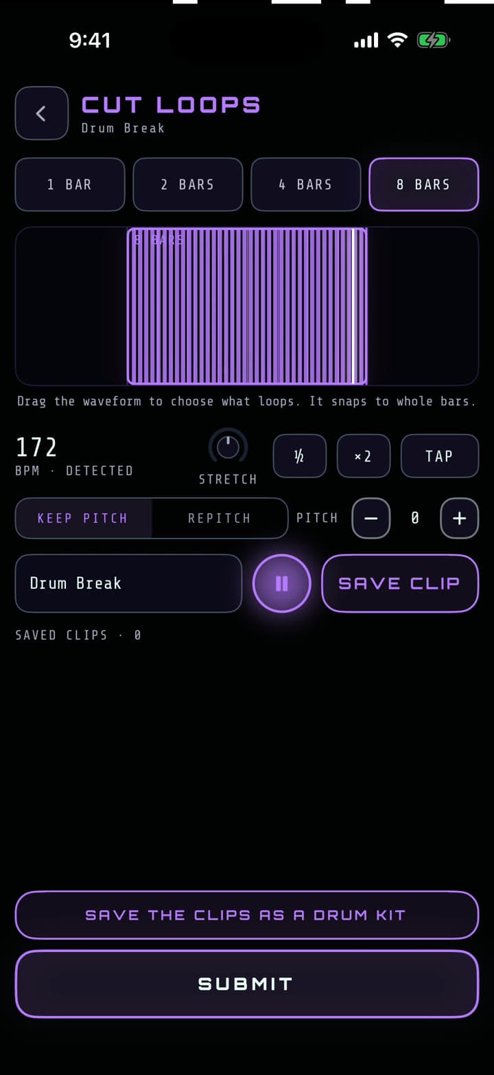 Cut Loops: a drum break with the tempo detected at 172 BPM