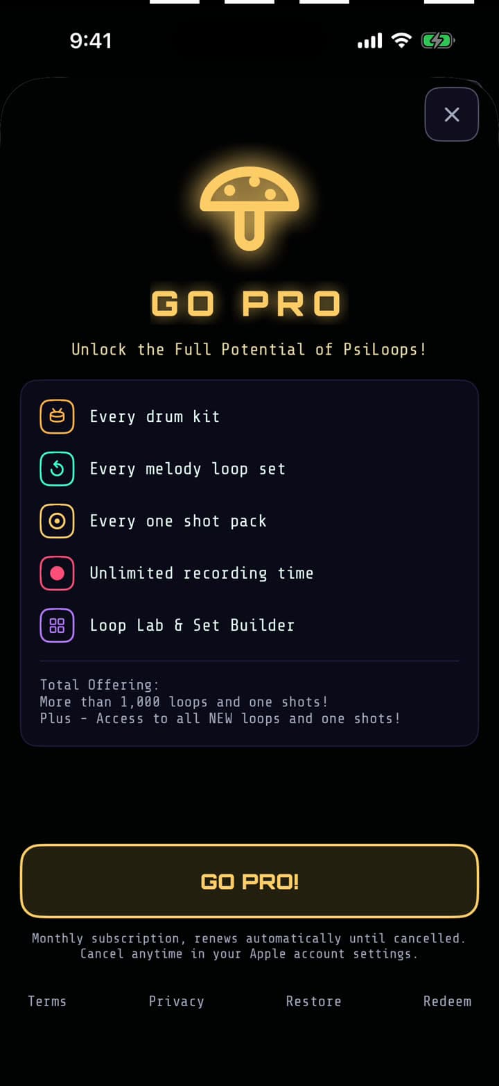 The Go Pro screen in the app