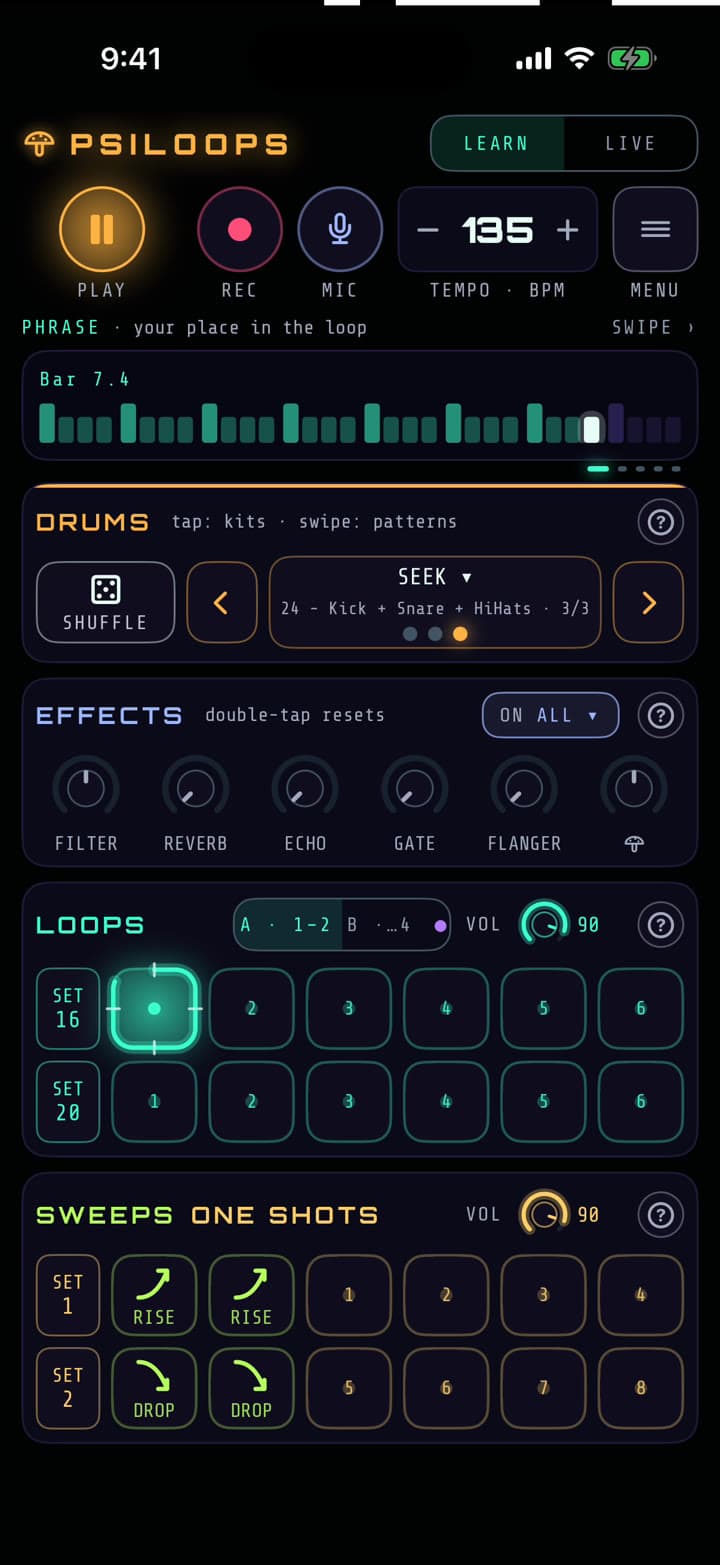 The PsiLoops main screen in Learn mode, with drums, effects, loops and sweeps