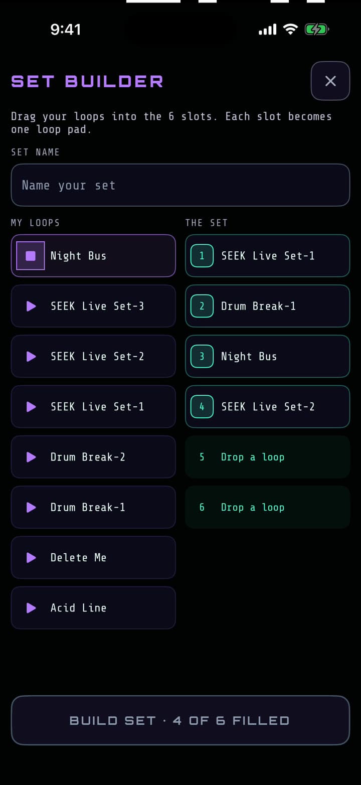 Set Builder with four of six slots filled